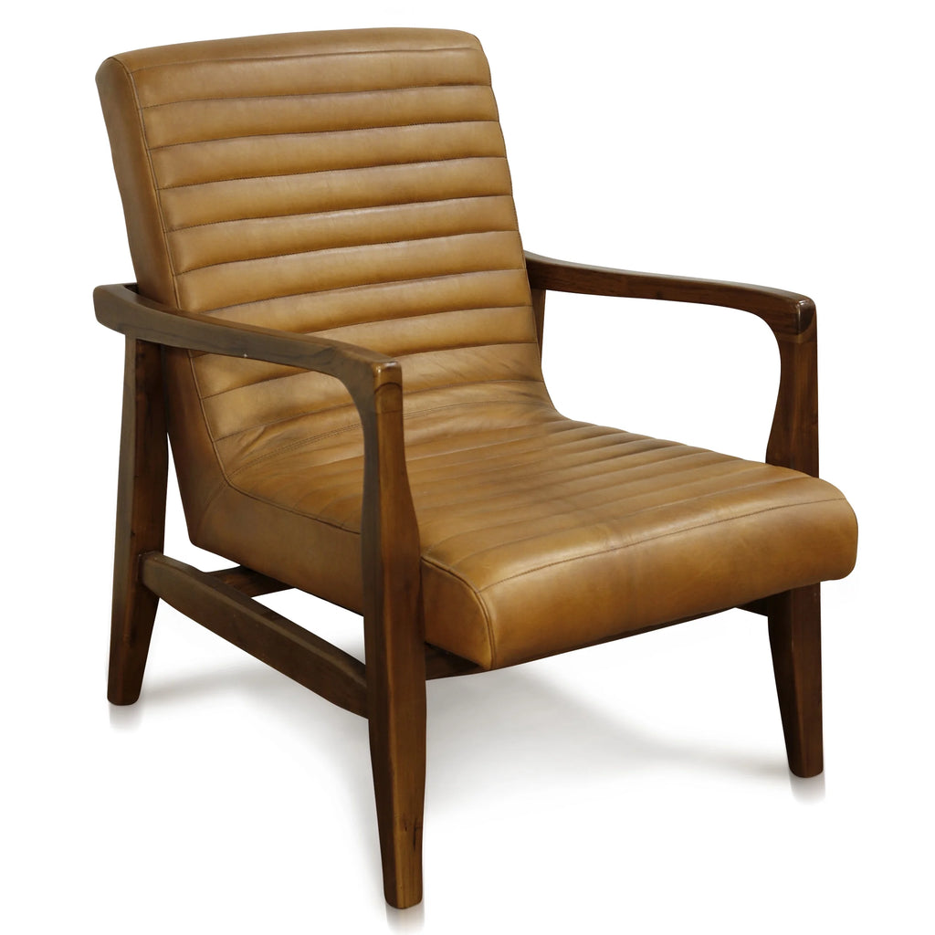 Channel Back Lounge Chair Solid Teak Wood Saddle Leather P176437
