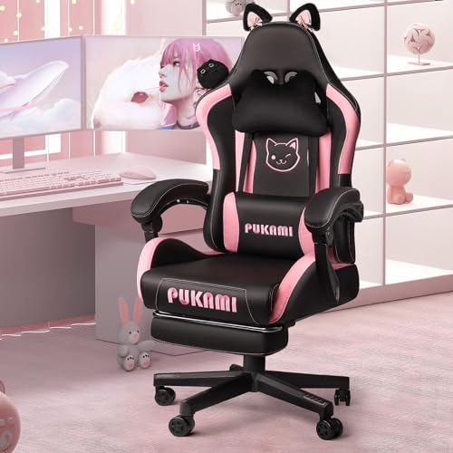 Pink Gaming Chair with Cat Ears and Cat Paw Cushion Pillow with Footrest Y684