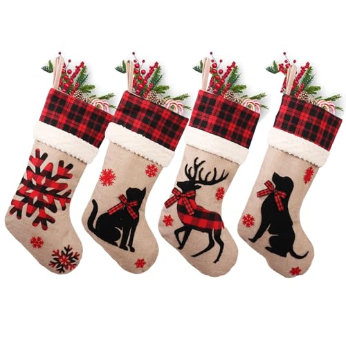 18" Burlap Plaid Christmas Stockings, Set of 4 Y946
