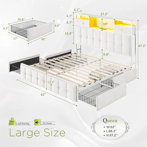 King Size Bed Frame with 4 Storage Drawers and LED Lights, Grey D542