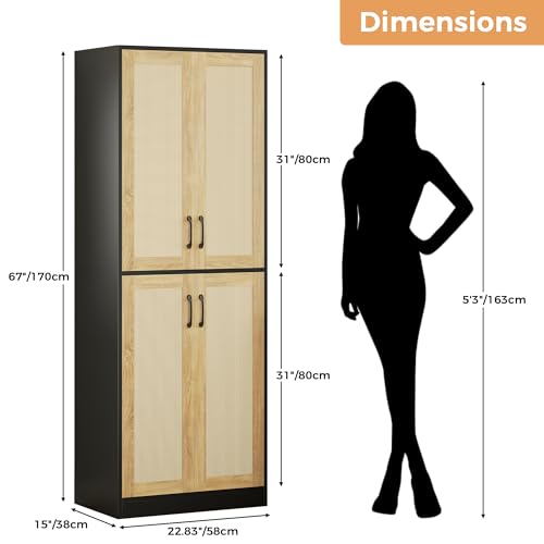 67" Tall Oak Rattan Storage Cabinet with Doors and Adjustable Shelves J1389