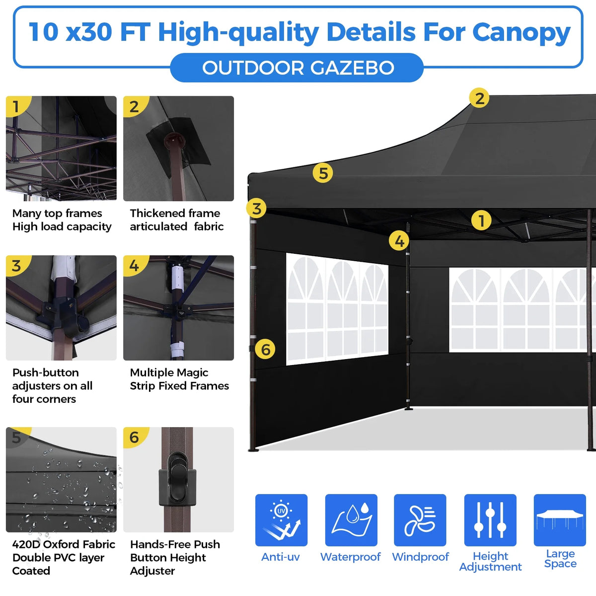 10' x 30' Pop Up Canopy with 8 Removable Sidewalls, Black D151