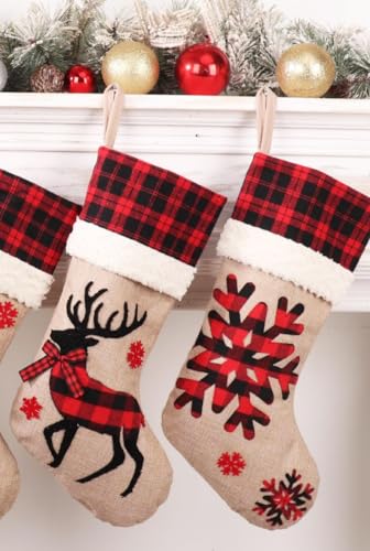 18" Burlap Plaid Christmas Stockings, Set of 4 Y946