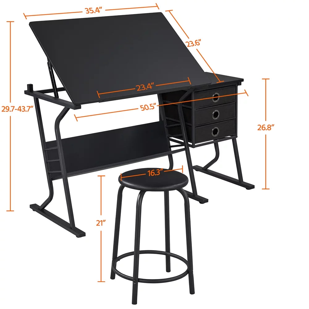 Black Adjustable Drafting Table with Storage Drawers and Stool N9808