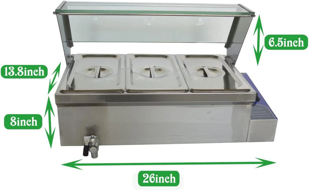 3 Pot Bain-Marie Buffet Steam Heater Food Warmer with Glass Shield D723821