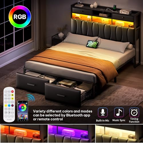 King Size Upholstered Platform Bed with 2 Storage Drawers and LED Light, Black G37042