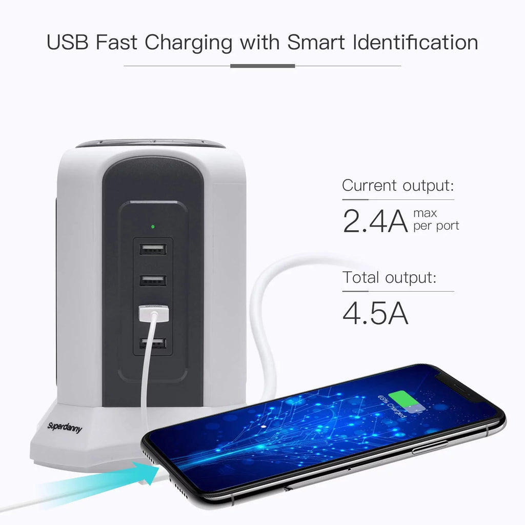 10ft Power Strip Tower Wireless Charger Surge Protector USB Charging Station S74097