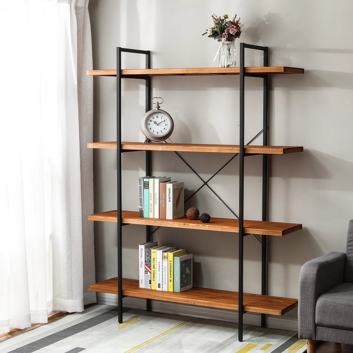Brown Wood Metal Frame 4-Shelf Bookcase P5557