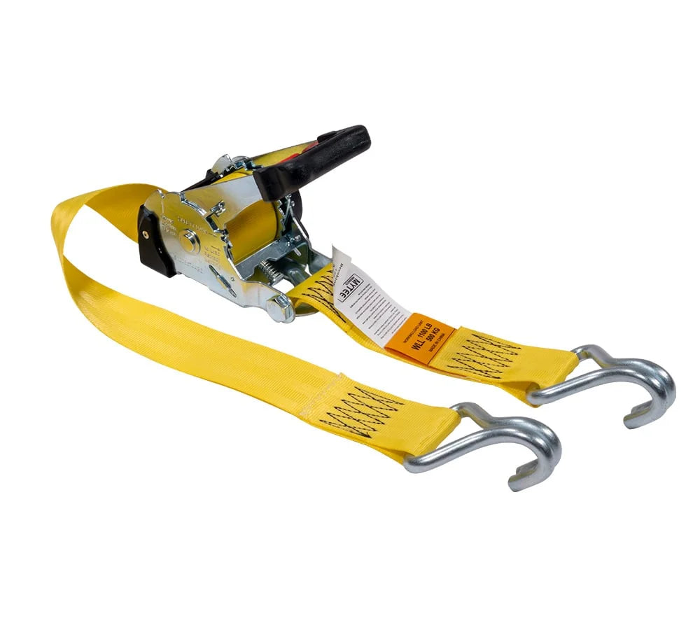 2 Pack 2" x 10' Retractable Ratchet Straps with Double J-Hook, 3,300 lbs Breaking Strength, Yellow I60430