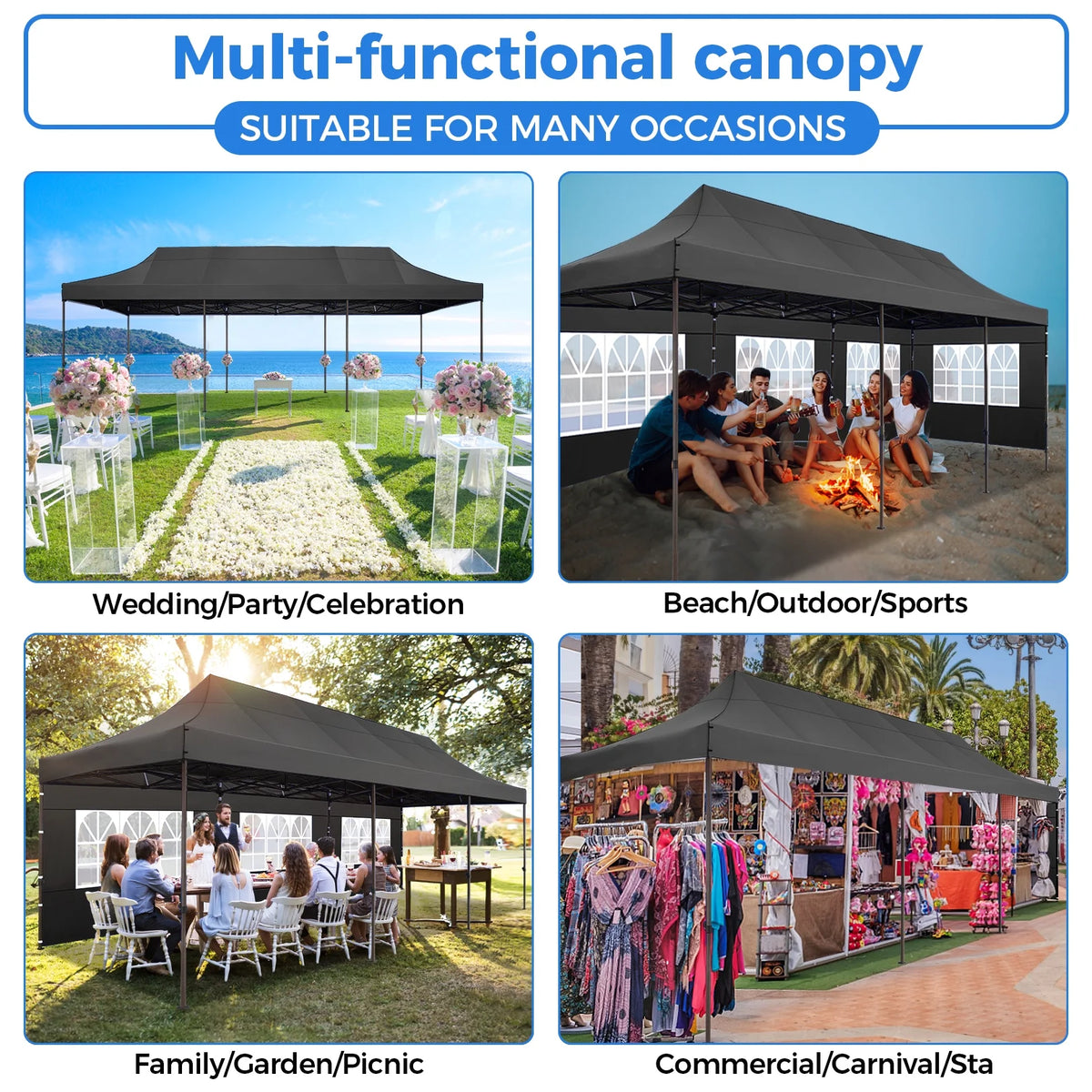 10' x 30' Pop Up Canopy with 8 Removable Sidewalls, Black D151