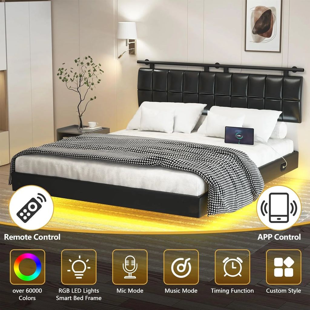 Queen Bed Frame with Charging Station and LED Lights H761