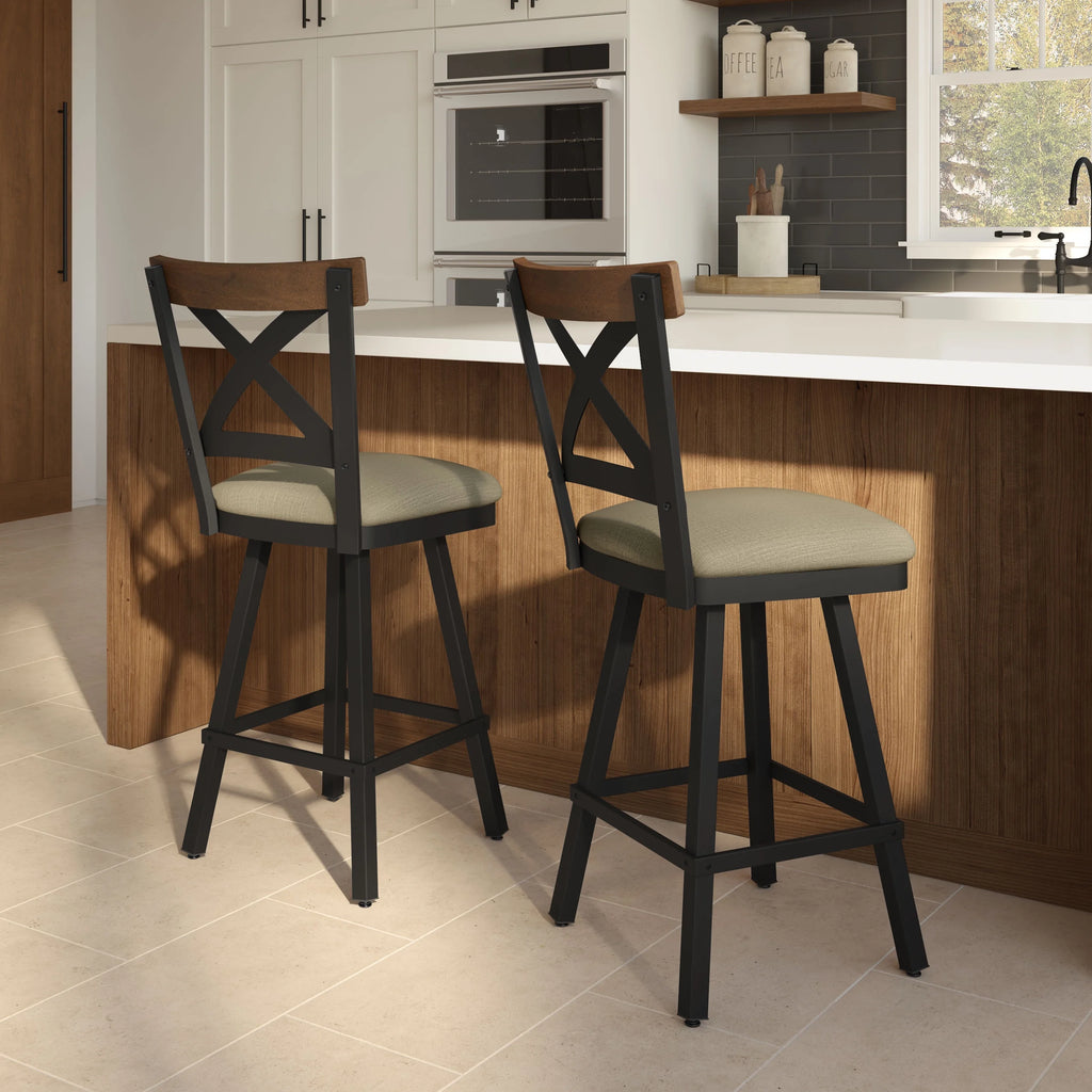 30 In. Beige Fabric Black Metal Brown Wood Bar Stool N273796