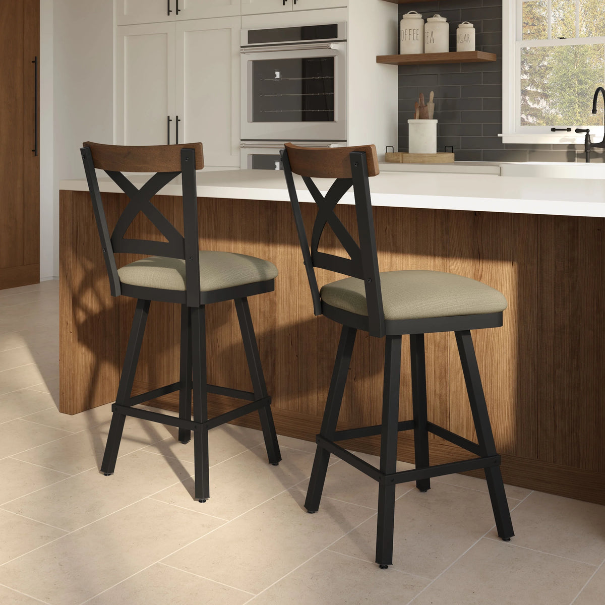 30 In. Beige Fabric Black Metal Brown Wood Bar Stool N273796