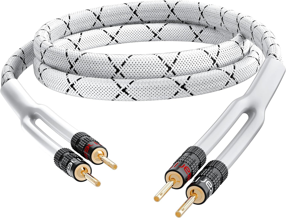 10AWG Speaker Cable with Gold-Plated Banana Tip Plugs, CL2 Rated, Braided, OFC, White, 25ft T9195