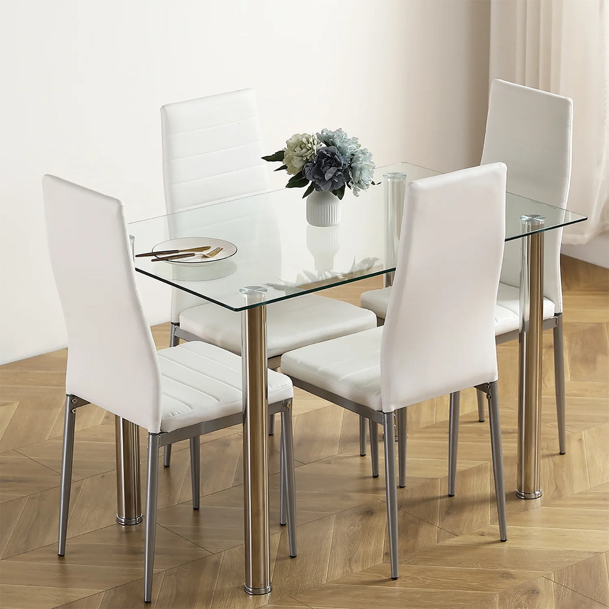 White Glass Dining Table Set for 4 C58273