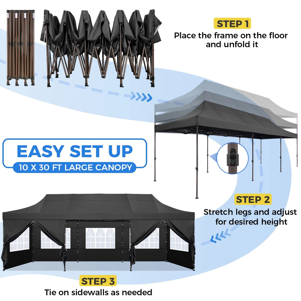 10' x 30' Pop Up Canopy with 8 Removable Sidewalls, Black D151