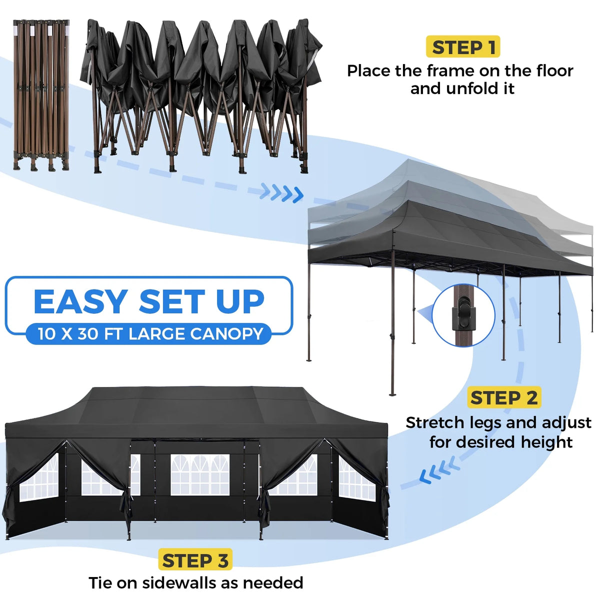 10' x 30' Pop Up Canopy with 8 Removable Sidewalls, Black D151