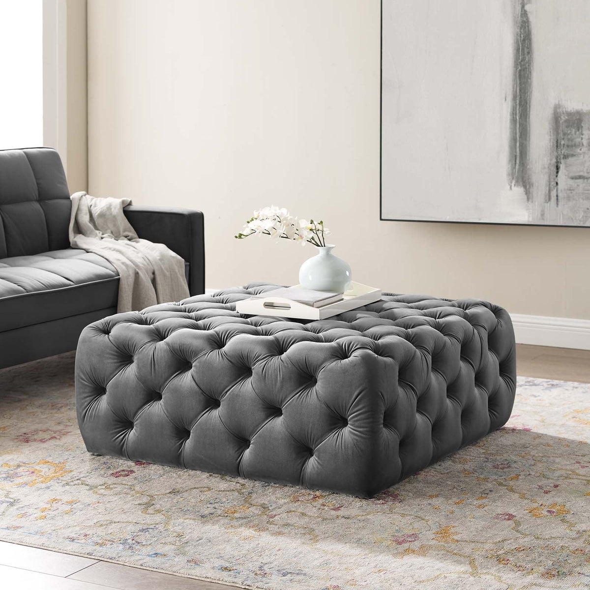 Gray Tufted Performance Velvet Ottoman J43832