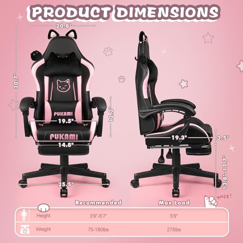 Pink Gaming Chair with Cat Ears and Cat Paw Cushion Pillow with Footrest Y684
