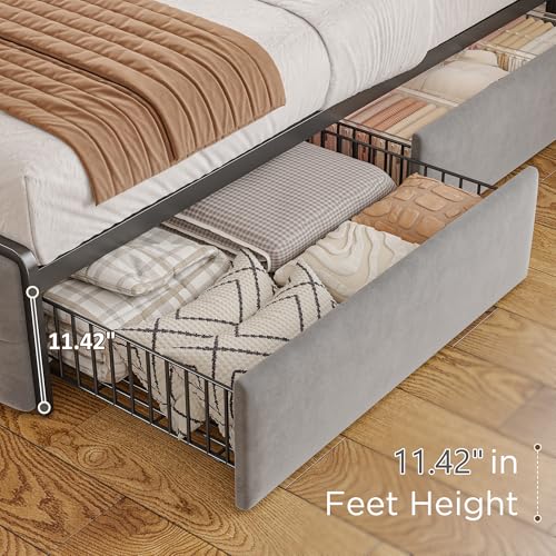 King Size Bed Frame with 4 Storage Drawers and LED Lights, Grey D542