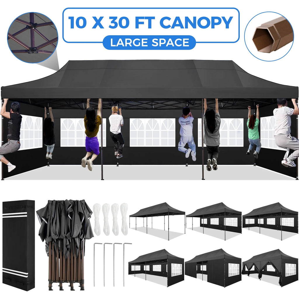 10' x 30' Pop Up Canopy with 8 Removable Sidewalls, Black D151