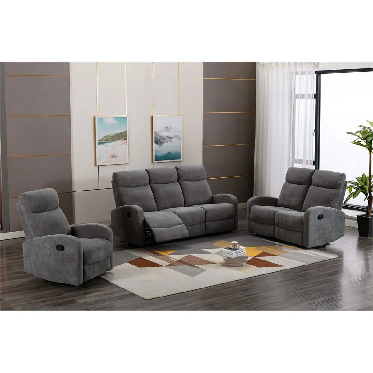 3-Piece Reclining Chenille Fabric Sofa Set Light Gray E4491