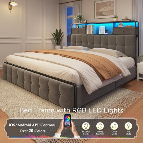 King Size Bed Frame with 4 Storage Drawers and LED Lights, Grey D542