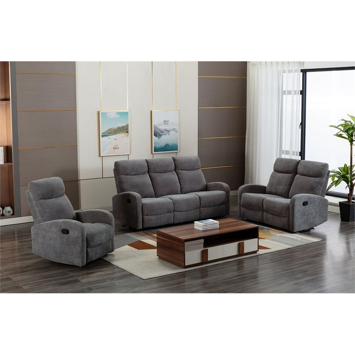 3-Piece Reclining Chenille Fabric Sofa Set Light Gray E4491
