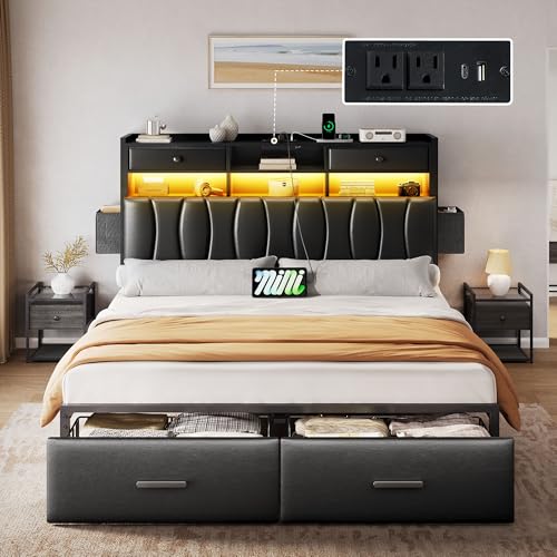 King Size Upholstered Platform Bed with 2 Storage Drawers and LED Light, Black G37042