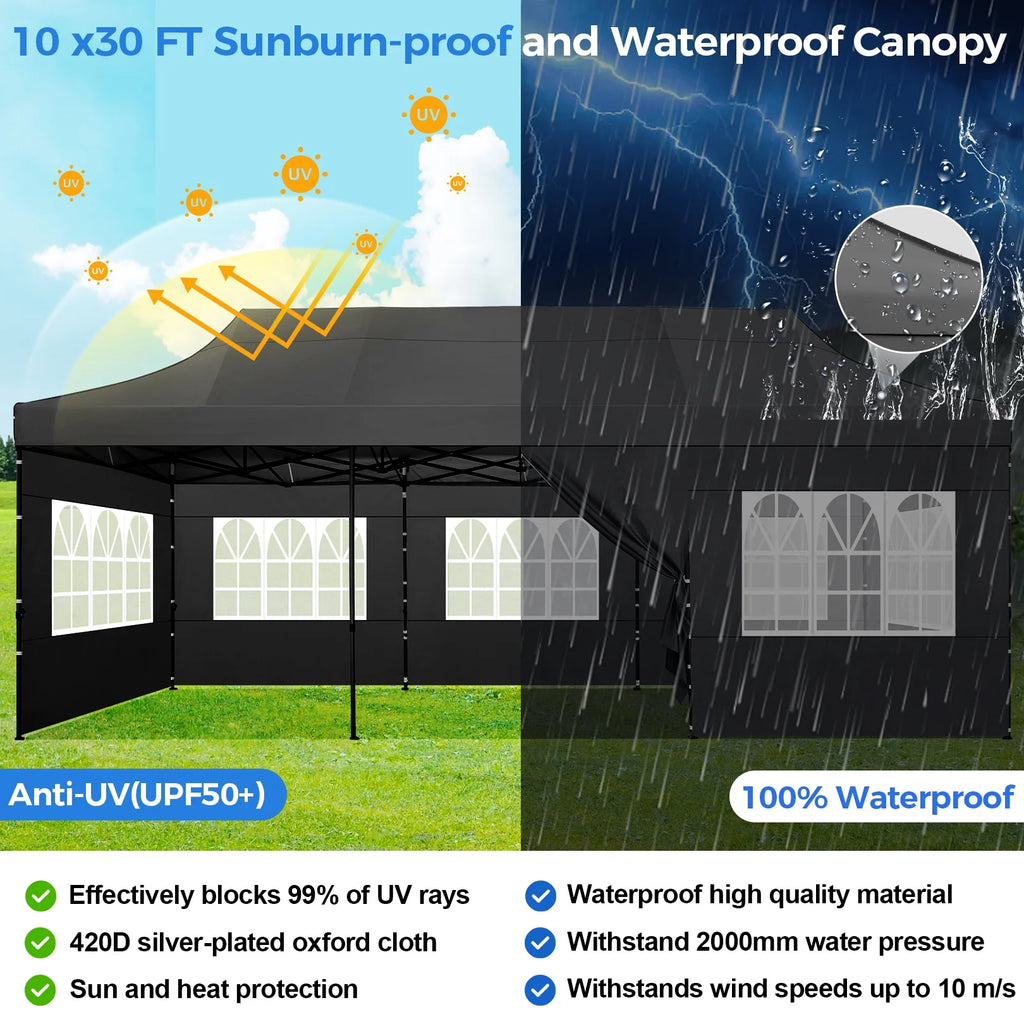 10' x 30' Pop Up Canopy with 8 Removable Sidewalls, Black D151