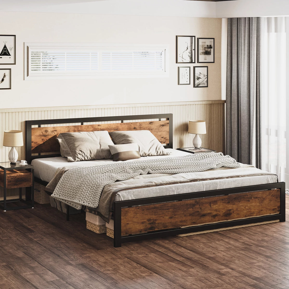 King Platform Bed Frame with Headboard and Under Bed Storage S45665