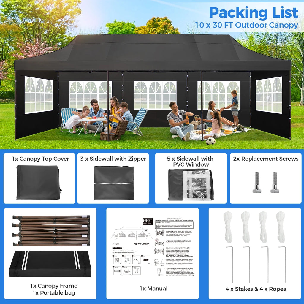 10' x 30' Pop Up Canopy with 8 Removable Sidewalls, Black D151