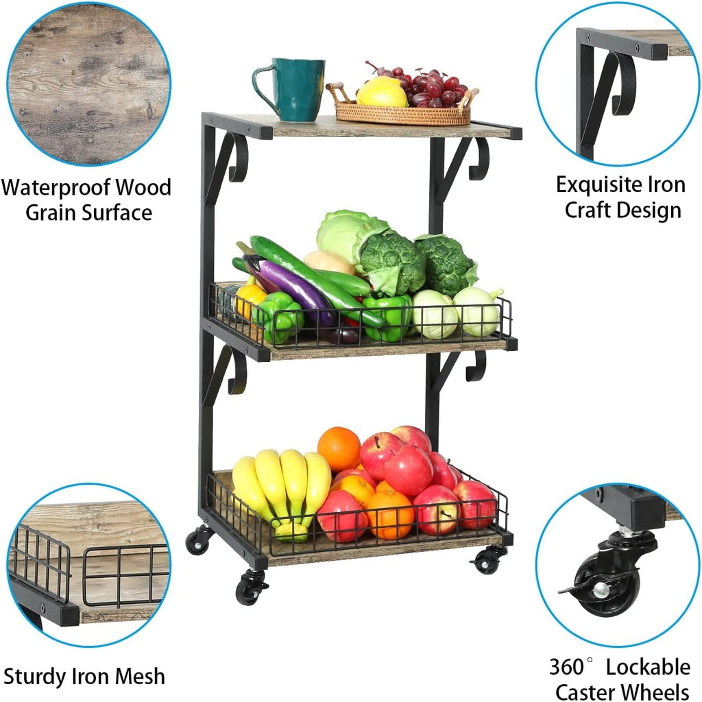 3-Tier Wood/Metal Rolling Utility Cart with Lockable Caster Wheels T5252