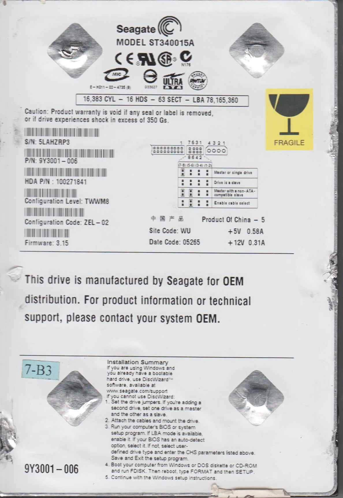 40GB IDE 3.5 Hard Drive Z4325