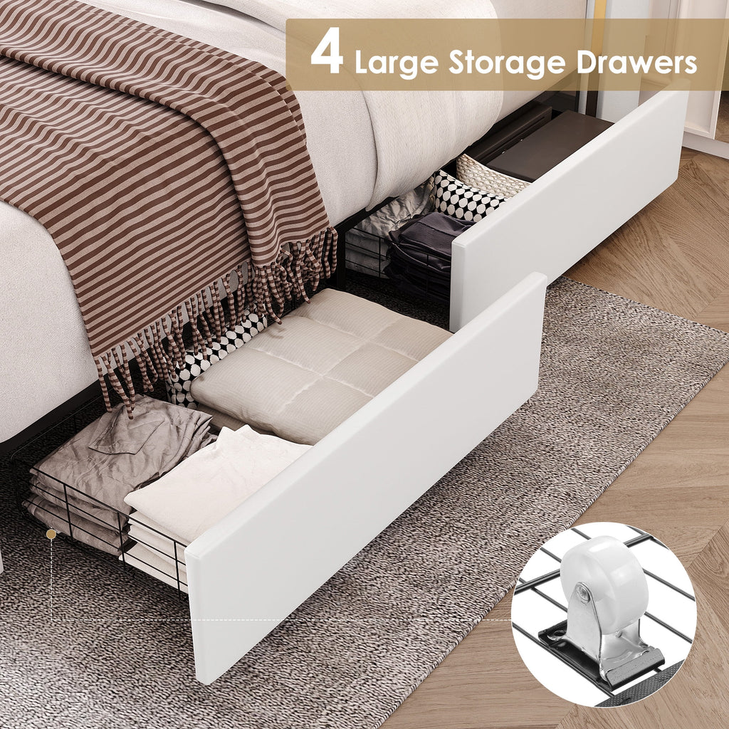 White Full Size LED Bed Frame with 4 Storage Drawers X587464