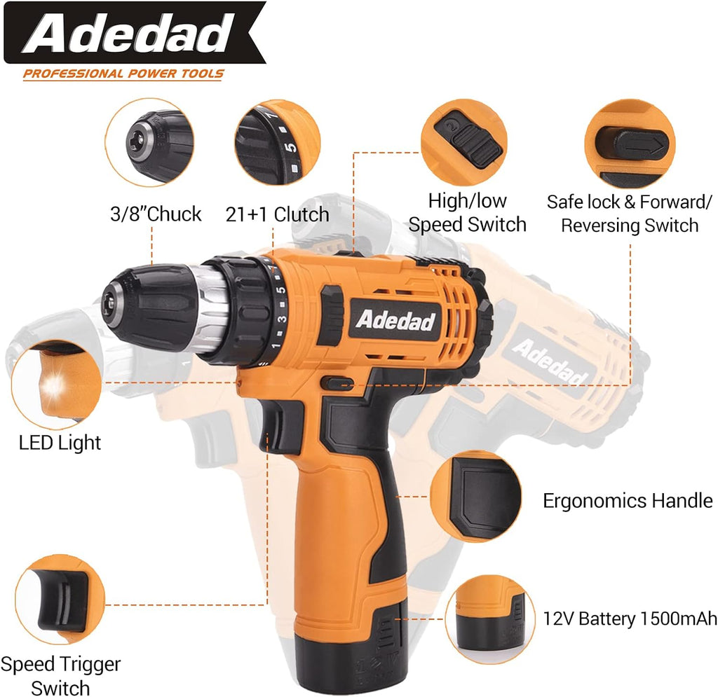 12V Cordless Brushless Ratchet Wrench & Drill, 3/8" 40Ft-lbs Torque 400 RPM, 21+1 Metal Drill, 2 Batteries Power Tool Set S495