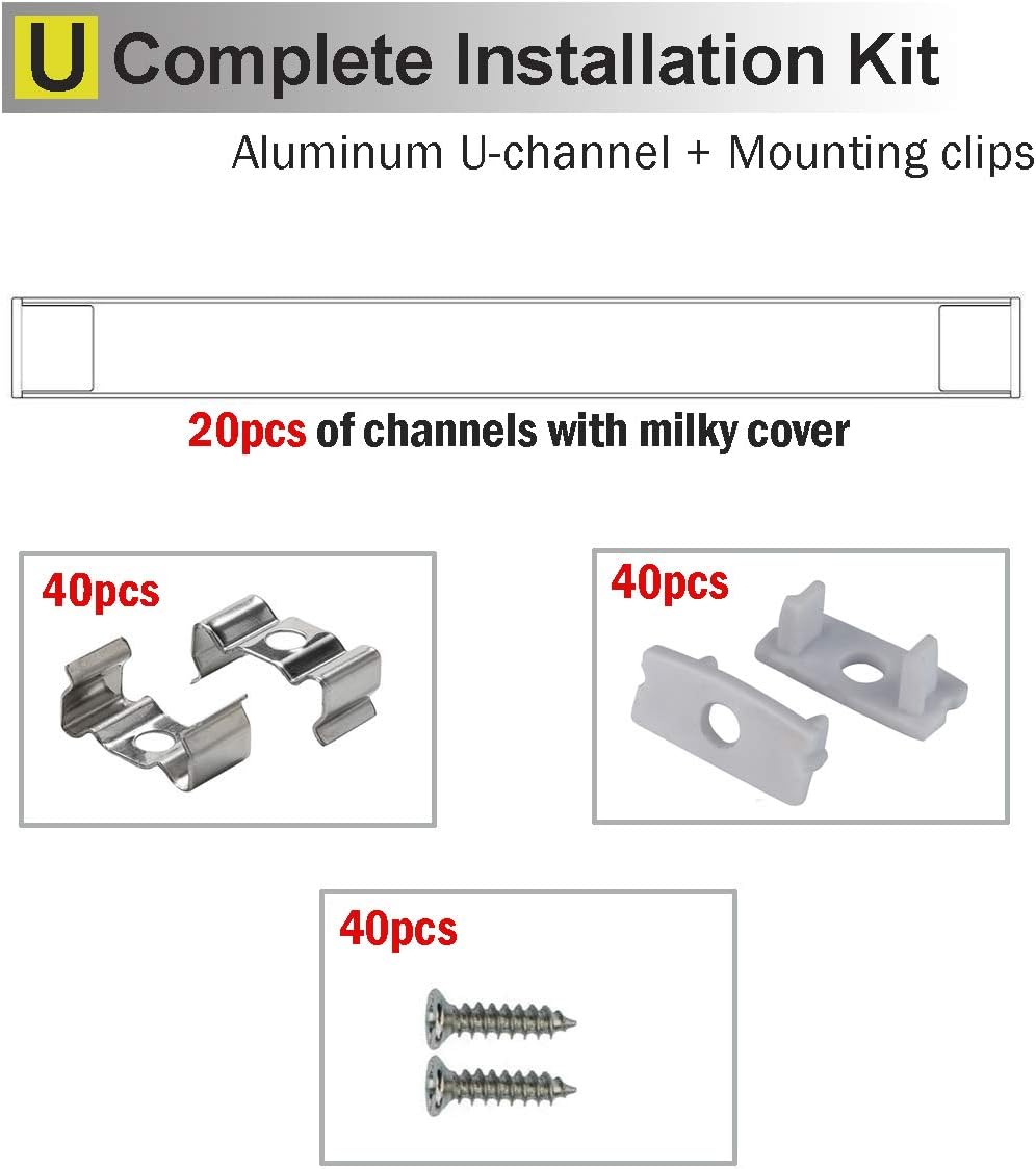 6x2m LED Strip Light Channel with Milky Cover Diffusers, End Caps and Mounting Clips A59505