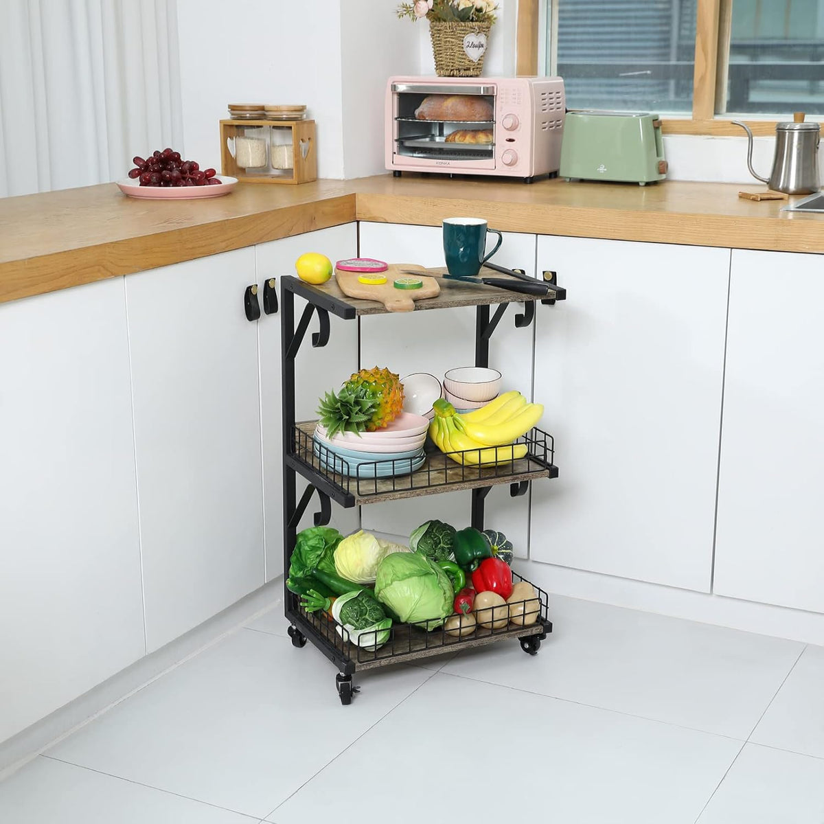 3-Tier Wood/Metal Rolling Utility Cart with Lockable Caster Wheels T5252