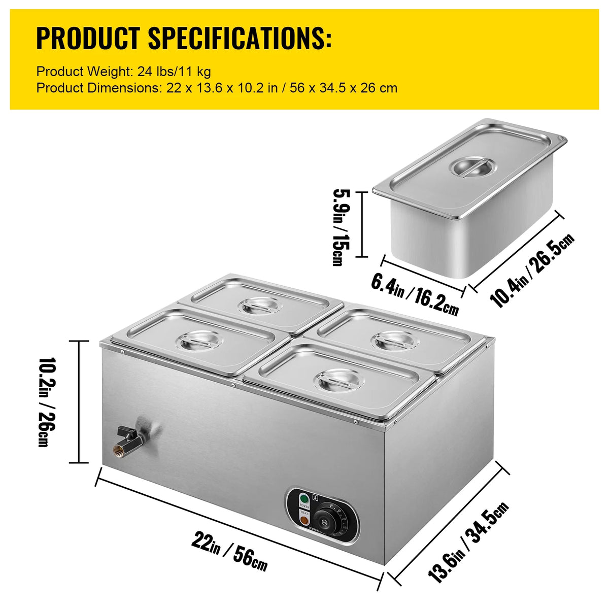 110V 4-Pan Stainless Steel Commercial Food Warmer 24 Qt T92165