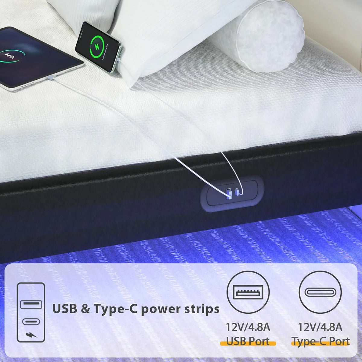 Queen Bed Frame with Charging Station and LED Lights H761