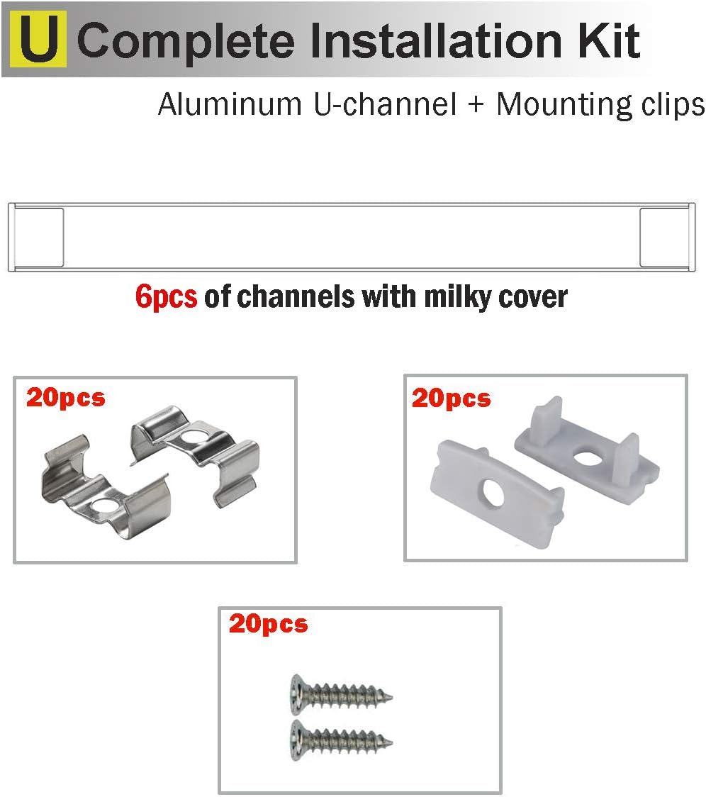 6x2m LED Strip Light Channel with Milky Cover Diffusers, End Caps and Mounting Clips A59505