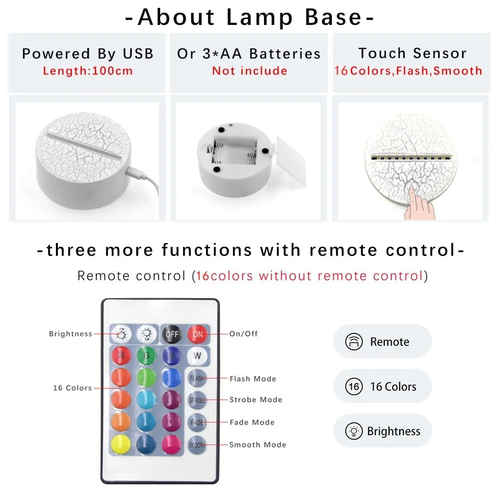 3D Illusion Night Light with Remote Control A5109