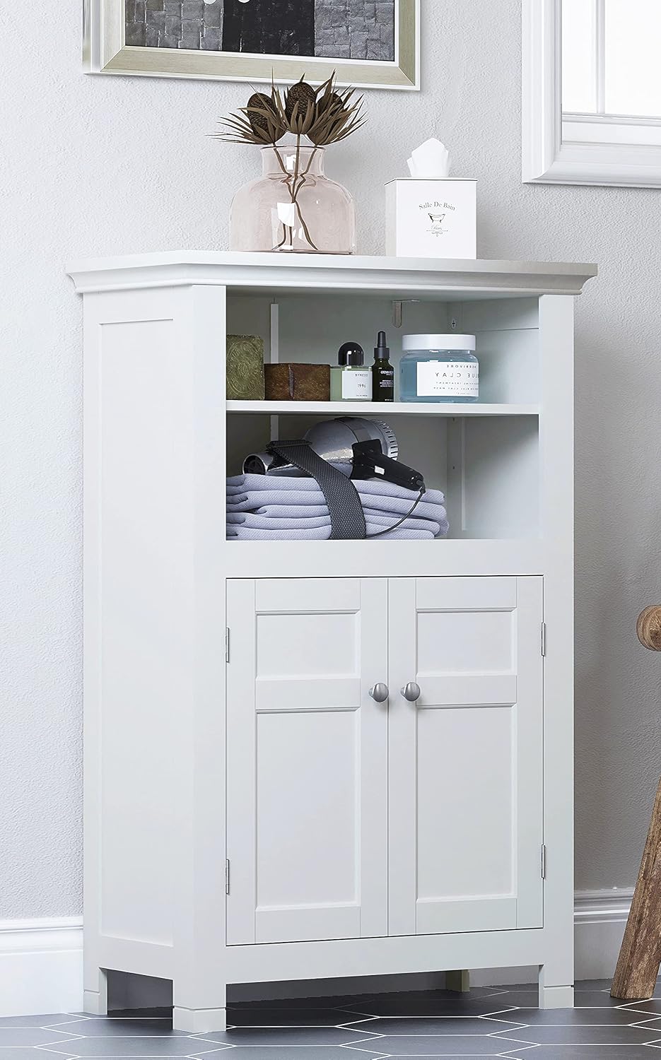 Freestanding Bathroom Cabinet with Doors and Adjustable Shelf, White Y989