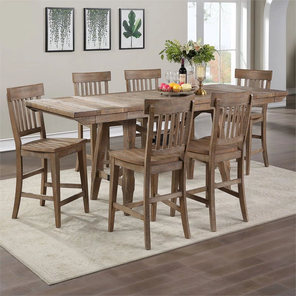 Light Brown Distressed Wood 7-Piece Counter Height Dining Set P156680