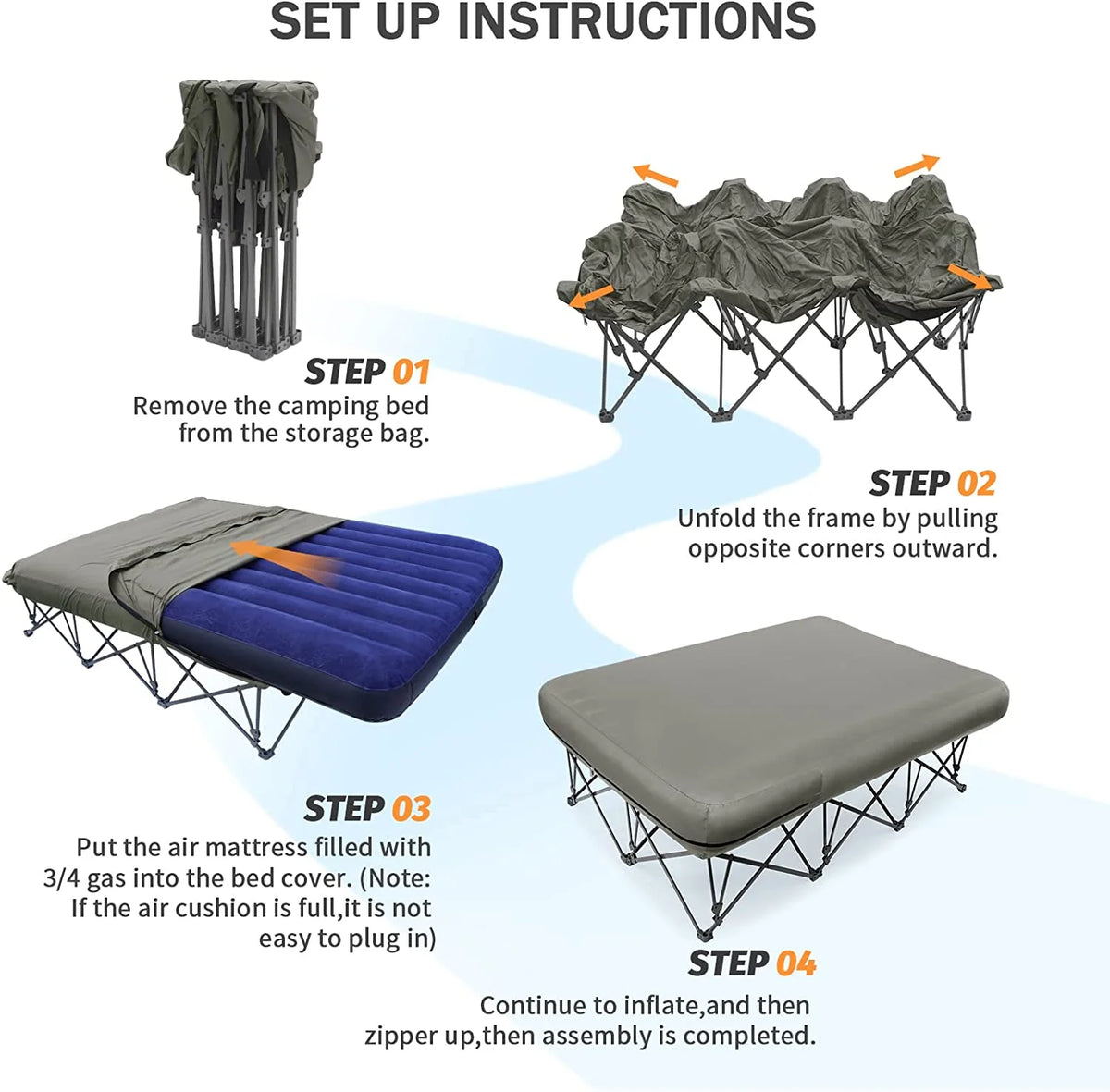 2 Person Folding Camping Cot with Inflatable Air Mattress and Carry Bag E191