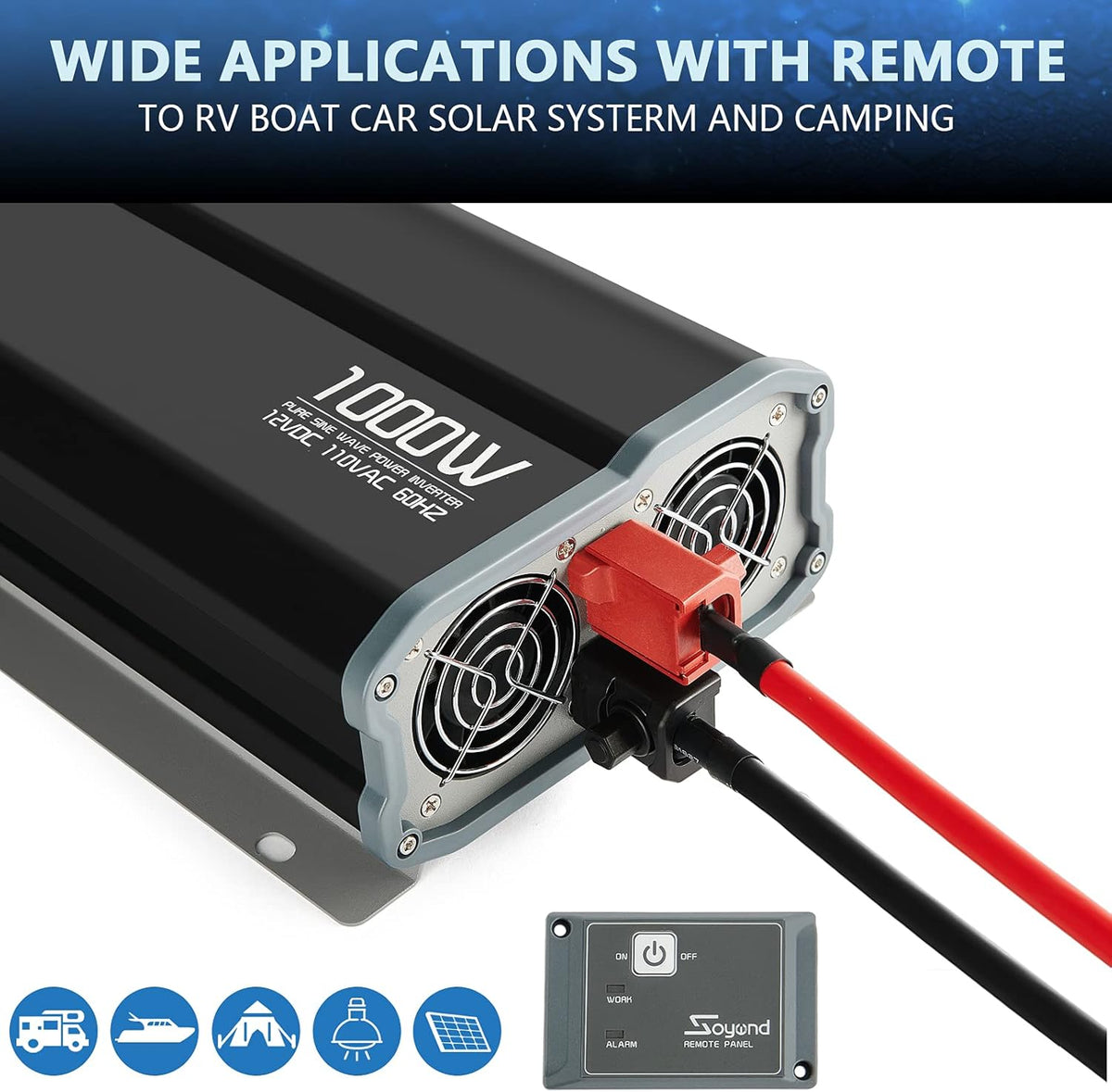 Pure Sine Wave 1000 Watt 12vdc to 120vac Car Inverter with Dual Ac Outlets Q72185