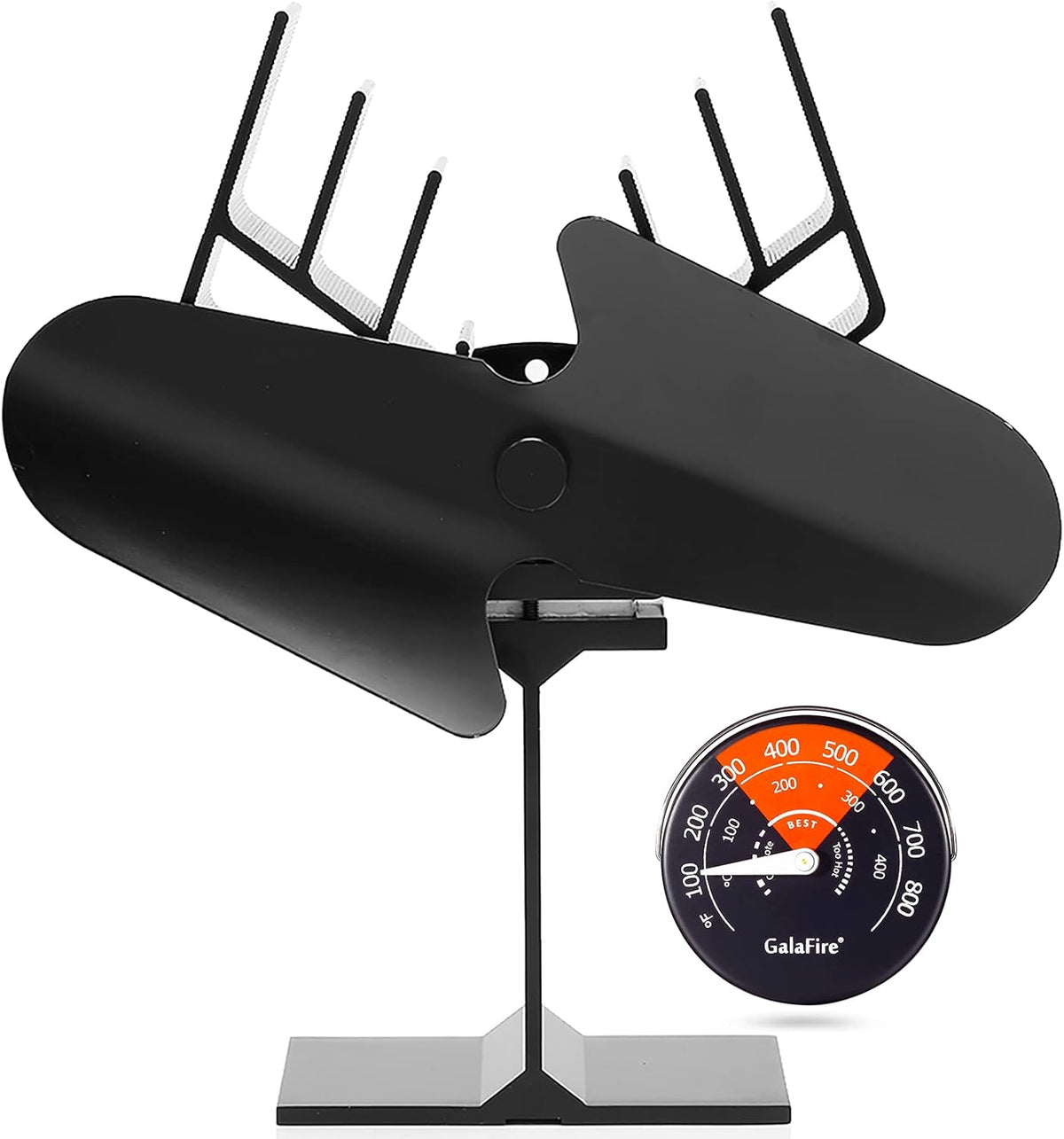 Black Pack of 2 Heat Powered Wood Stove Fan with Magnetic Thermometer E8104