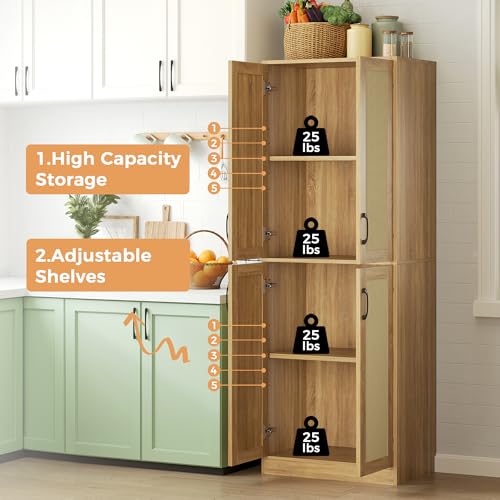 67" Tall Oak Rattan Storage Cabinet with Doors and Adjustable Shelves J1389