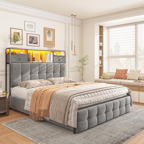 King Size Bed Frame with 4 Storage Drawers and LED Lights, Grey D542