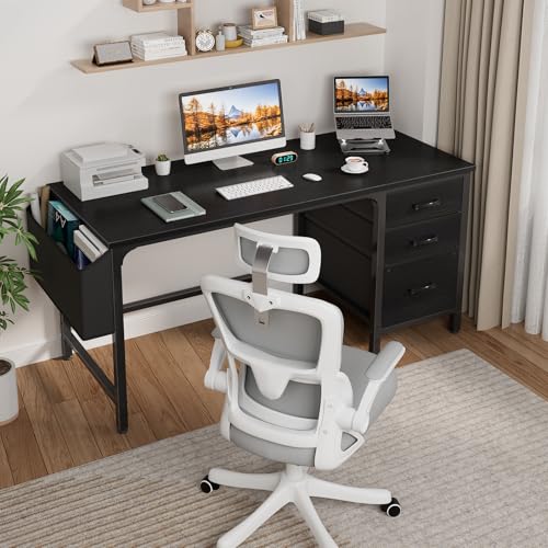 White 55 Inch Computer Desk with Fabric File Drawers Cabinet M101